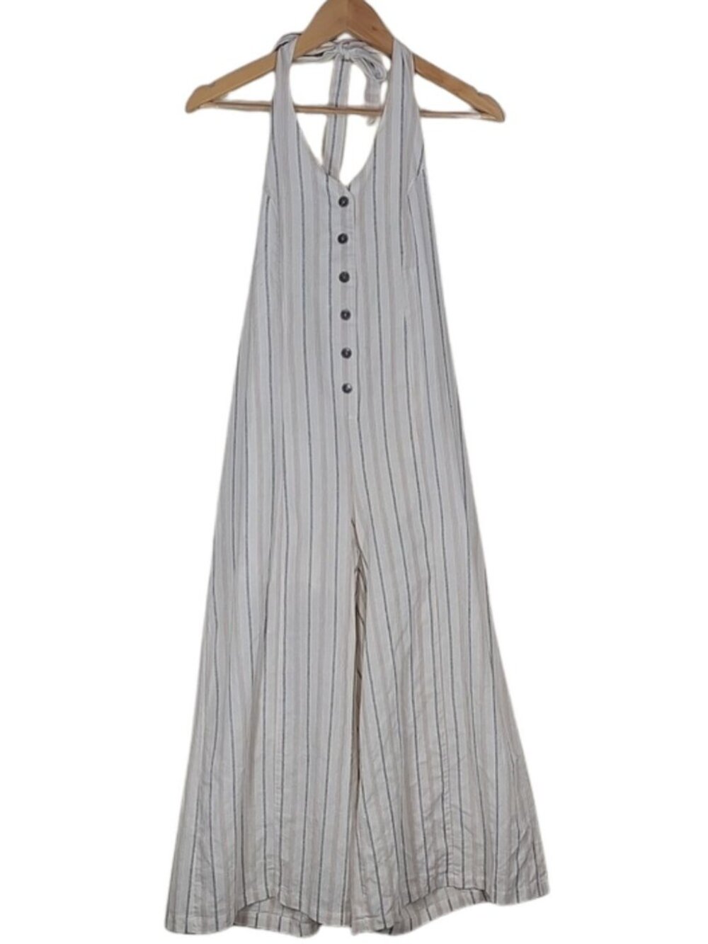 Mystree Striped Halter Neck Wide Leg Jumpsuit S Cream Boho Beach Summer Resort
